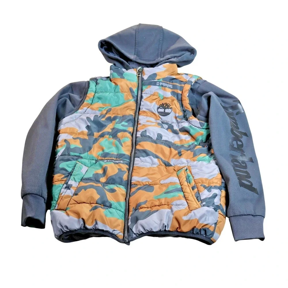 Timberland Jacket Boys Large 14/16 Camo Hooded Puffer Full Zip Gray Sleeves